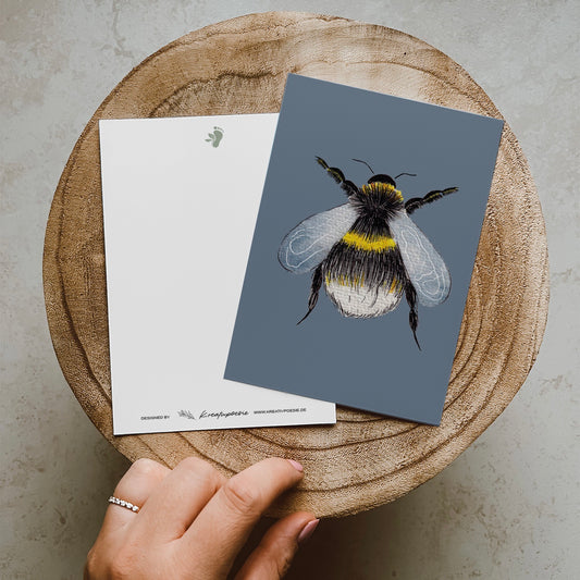 Postkarte DIN A6 im Hochformat. Eine dicke plüschige Hummel mit filigranen Flügeln, welche sich auf einem blauen Hintergrund befindet.