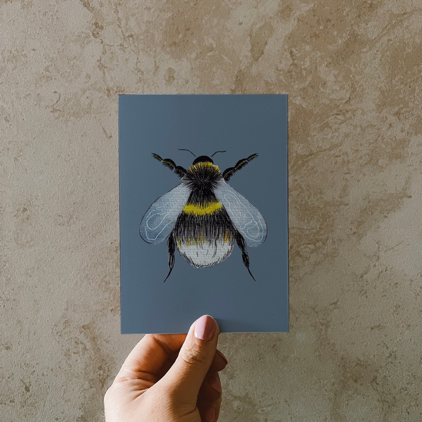 Postkarte DIN A6 im Hochformat. Eine dicke plüschige Hummel mit filigranen Flügeln, welche sich auf einem blauen Hintergrund befindet.