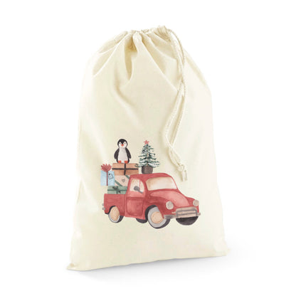 Bügelbild DFT Folie - Weihnachtsauto rot mi Geschenken und Tannenbaum sowie Pinguin