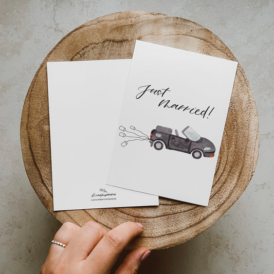 Postkarte DIN A6 Aquarell Auto mit Dosen und Text Just Married