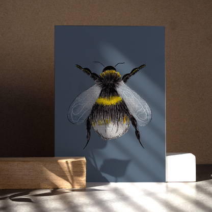 Postkarte DIN A6 im Hochformat. Eine dicke plüschige Hummel mit filigranen Flügeln, welche sich auf einem blauen Hintergrund befindet.